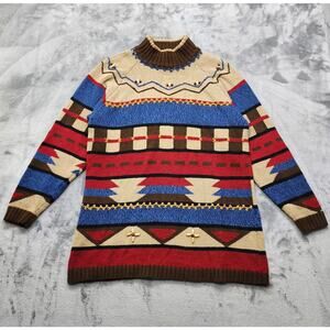Vintage Lizsport Sweater Women S Geometric Southwest Mock Neck Tunic Wood Beaded